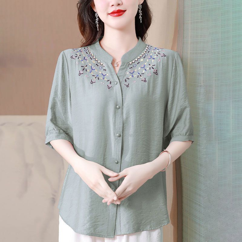 时尚绣花棉麻上衣女士短袖夏装洋气减龄小衫宽松遮肚妈妈天丝衬衫