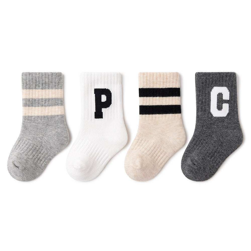 Baby & Kids Mid-length Socks, Autumn and Winter, 4 Pack/Box - Solid Color Letters