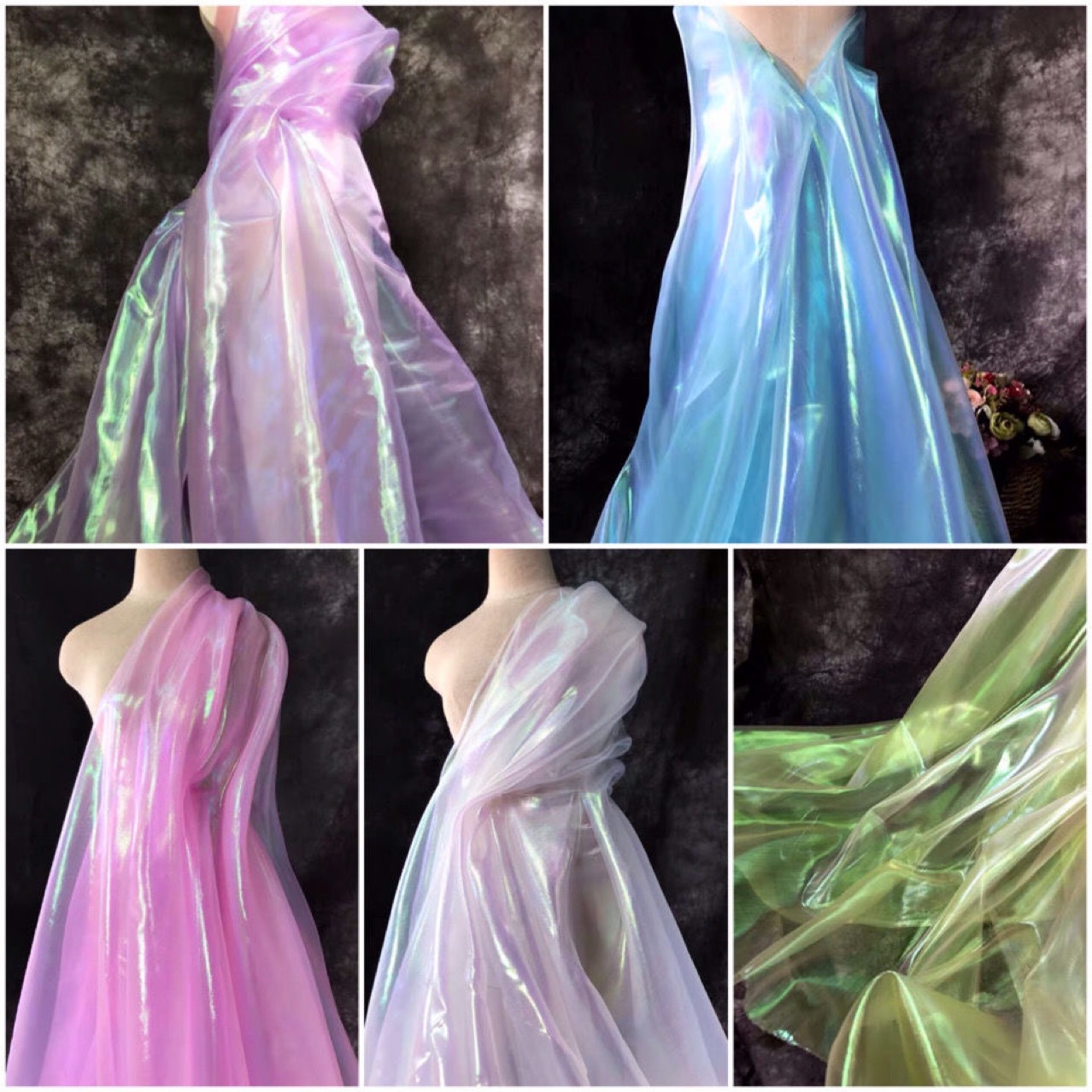 加密镭射七彩幻彩纱布料亮纱渐变色欧根纱服装设计师面料布料