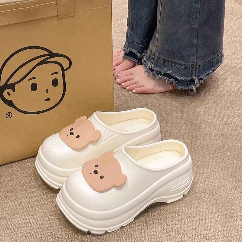 卡通可爱小熊大头鞋女夏季外穿厚底增高跟防滑eva防水包头半拖鞋
