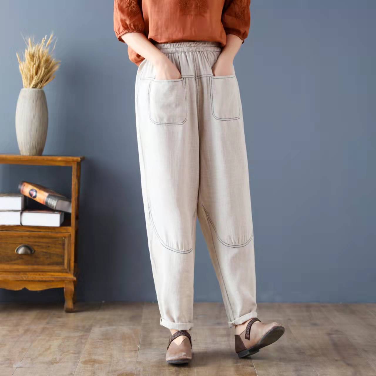 春季新款复古麻棉拼接明线休闲裤文艺宽松百搭哈伦长裤子女