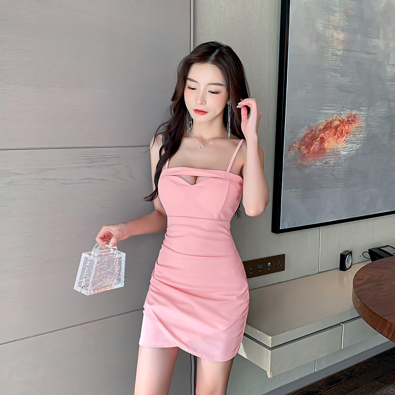 夜场性感女装早秋打底裙一字领镂空露胸紧身包臀吊带不规则连衣裙