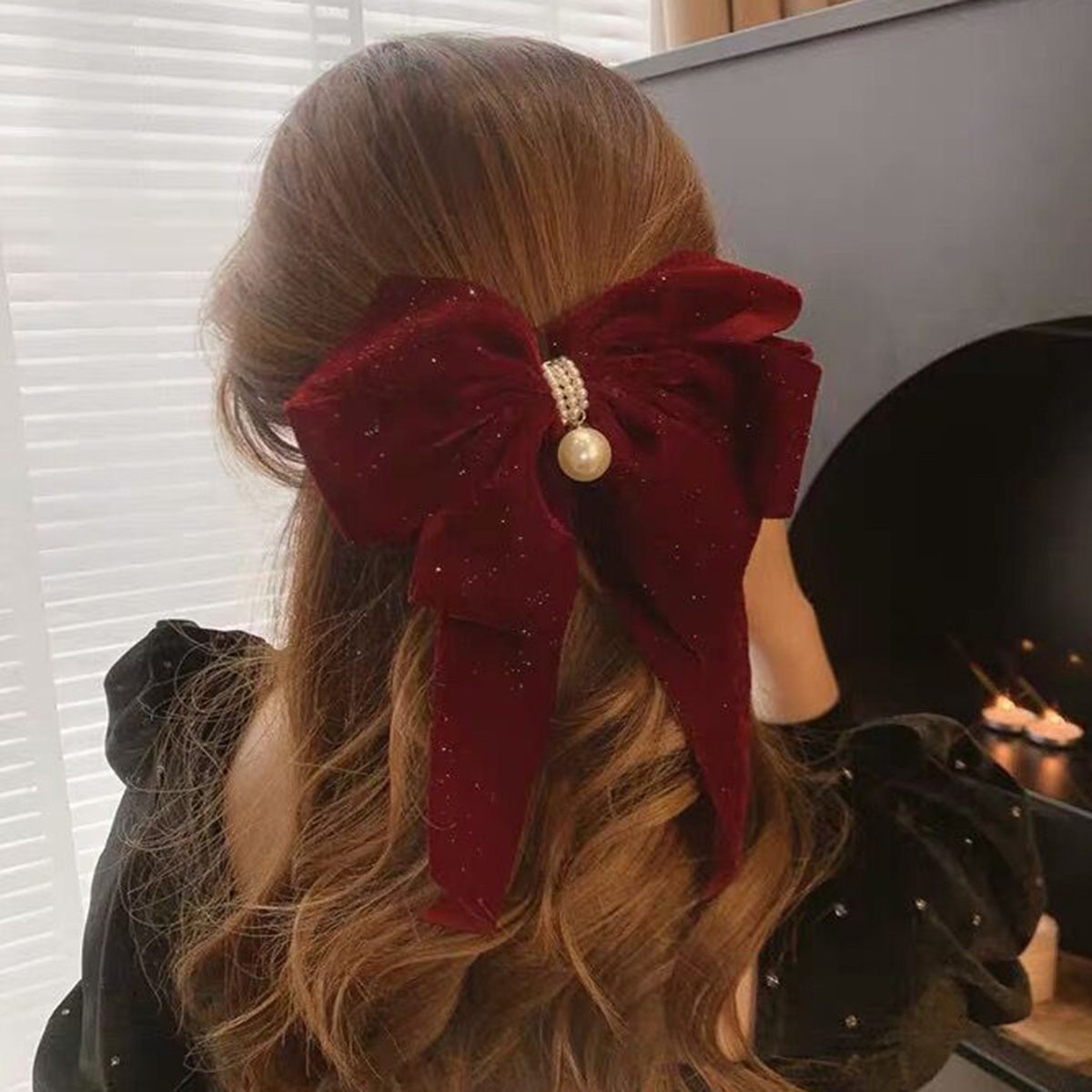 韩国丝绒蝴蝶结秋冬发夹女后脑勺水钻头饰新年红色发卡发饰-阿里巴巴