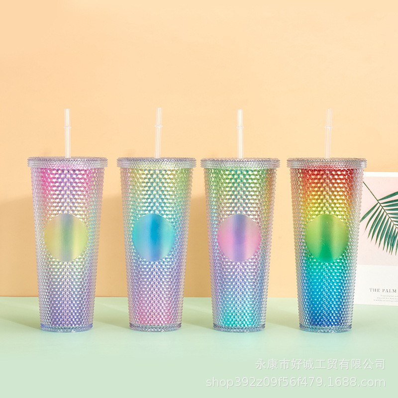 Factory Direct Supply Large Capacity 710ml Double-Layer Plastic Binding Durian Cup Laser Cardboard Bottom with Light Cup with Straw