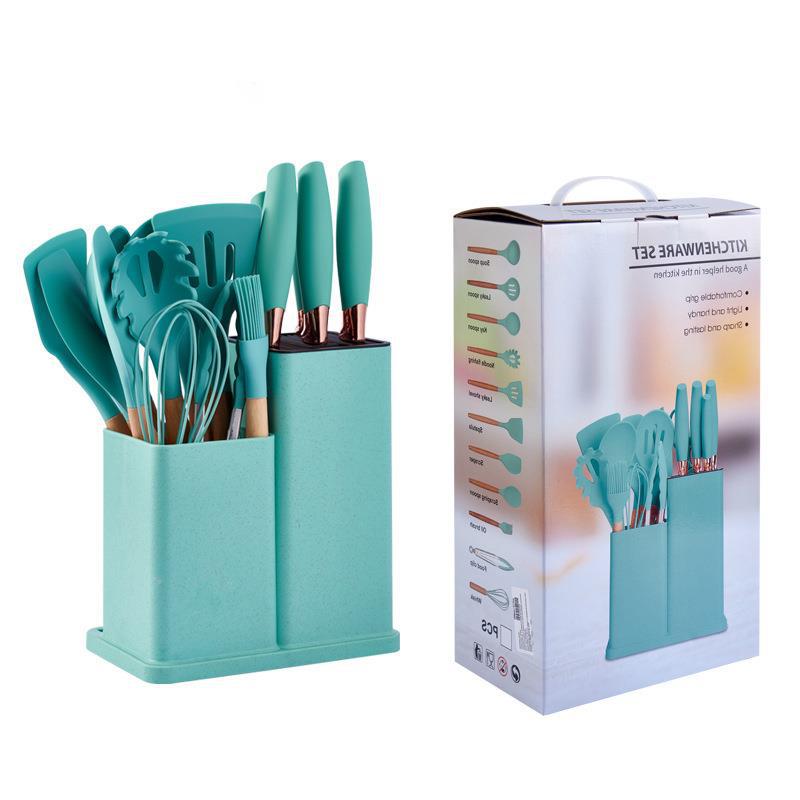 Hz415 Silicone Kitchenware Set 17-Piece 19-Piece Knife Combination Set Storage Bucket Wooden Handle Kitchenware Color Knife