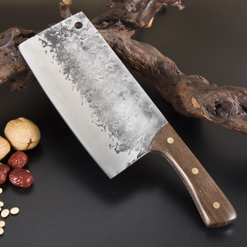 手工锻打斩切两用切片菜刀锤纹不锈锰钢鸡翅木柄厨师用屠宰剁肉刀