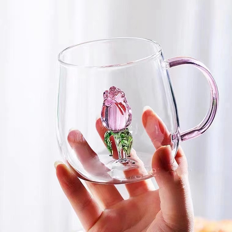 factory direct supply rose tulip heat-resistance glass three-dimensional creative fashion simple glass water cup