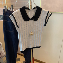 小飞袖娃娃领镂空针织短袖女夏2024年新款修身显瘦高级感套头上衣