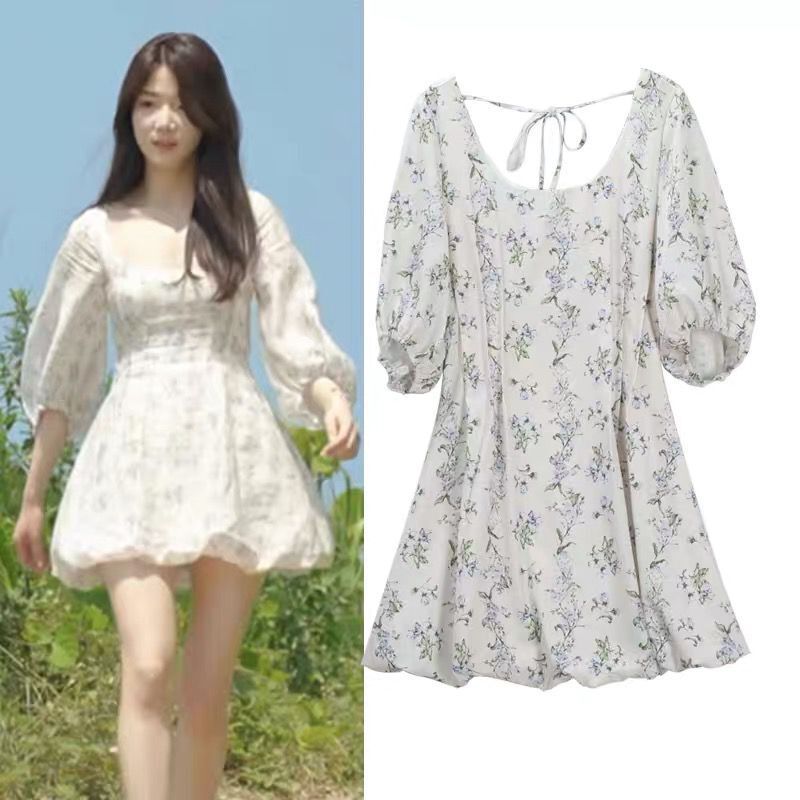 单身即地狱申芝燕连衣裙开春少女可爱纯欲收腰清新绿碎花中袖蓬蓬