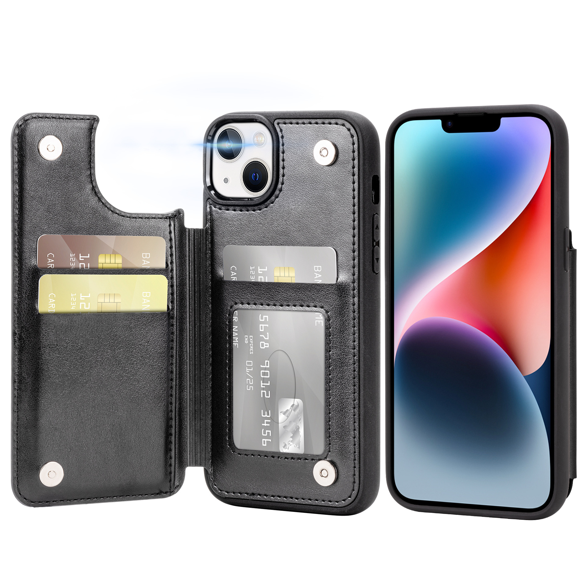 适用苹果14pro max手机壳iphone15背面插卡皮套iphone15 pu保护套