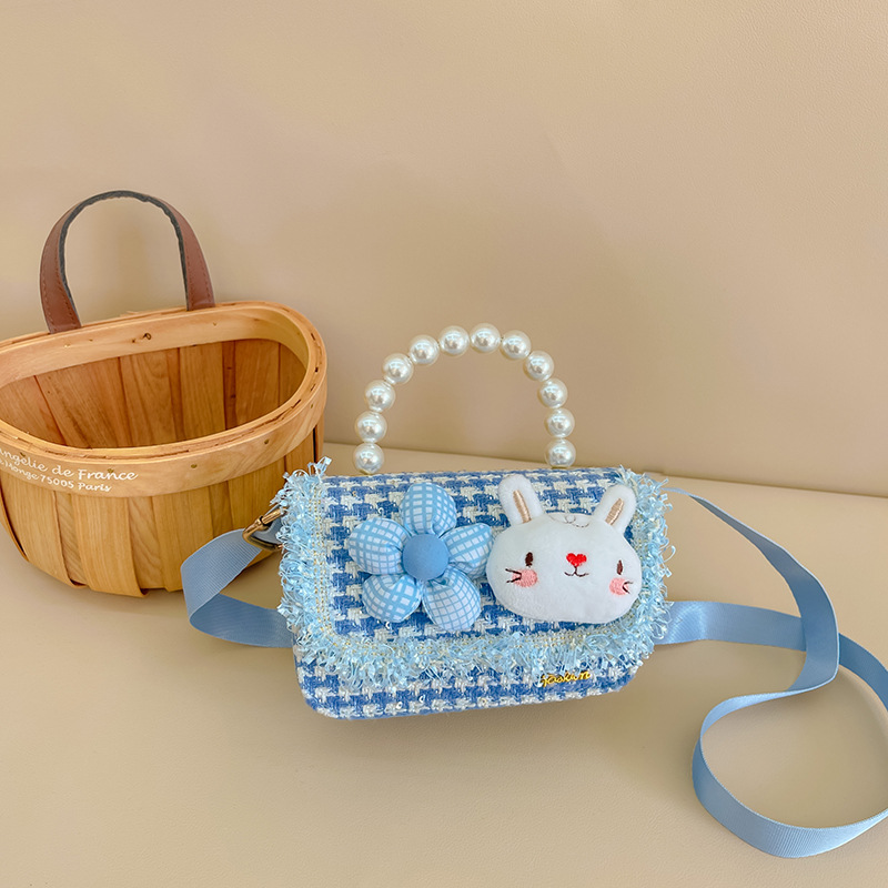 Fashion Children's Trendy Bags Women's Plaid Pearl Tote Cute Cartoon Rabbit Shoulder Bag Crossbody Small Square Bag