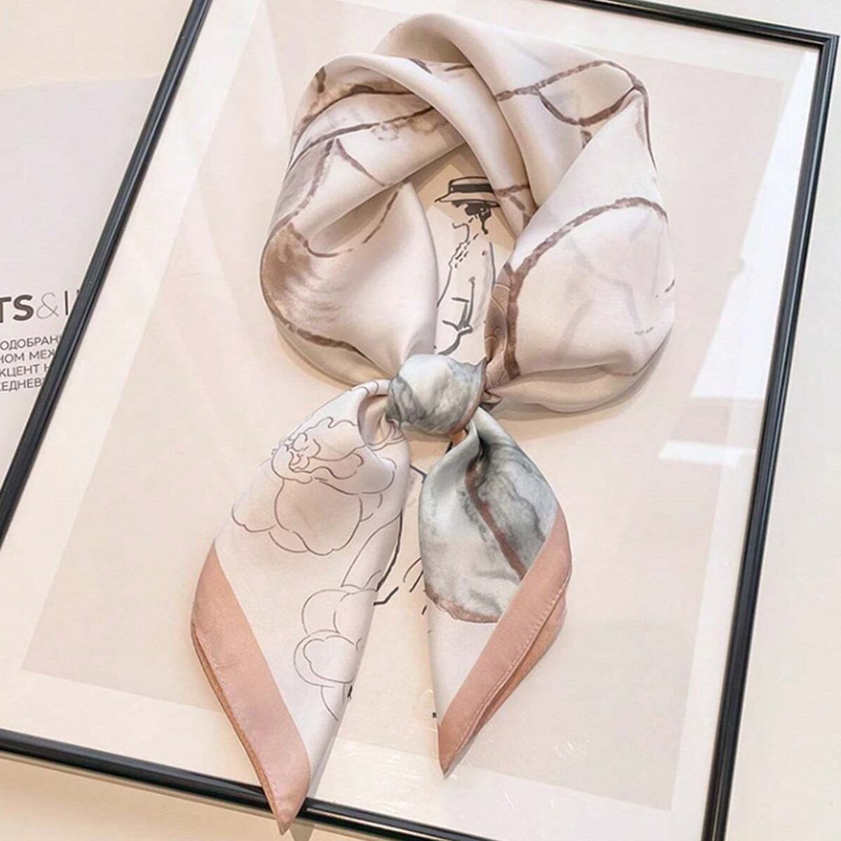 中国风山茶花小方巾丝巾女款春秋夏季搭配衬衫护颈围脖薄款围巾70