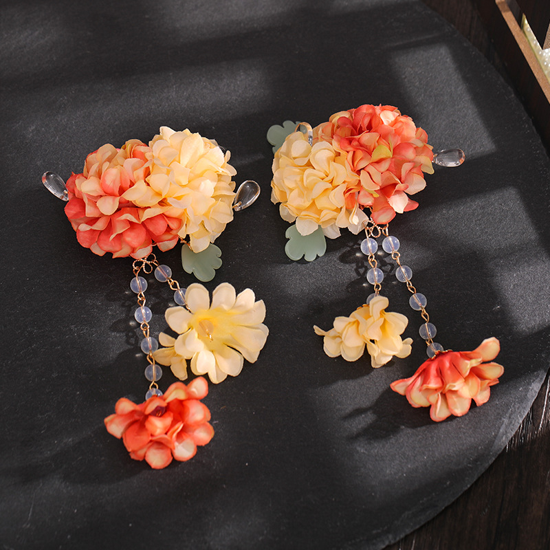 汉服头饰儿童古风绢花发夹可爱复古配饰唐风古装流苏花卉对夹批发