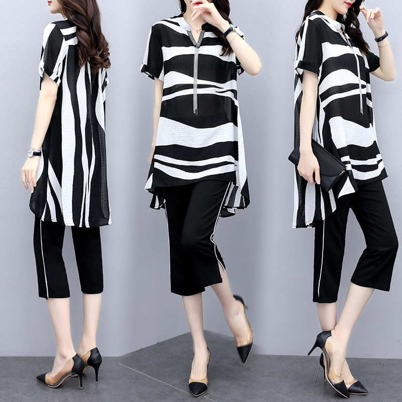 胖mm夏潮抖音掌商衣库同款街拍套装黑白色条纹衬衫t恤七分裤