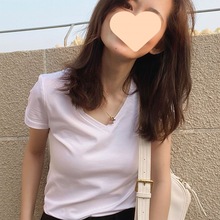 纯色T恤女士夏季上衣纯棉百搭显瘦体恤修身短袖白色V领紧身打底衫