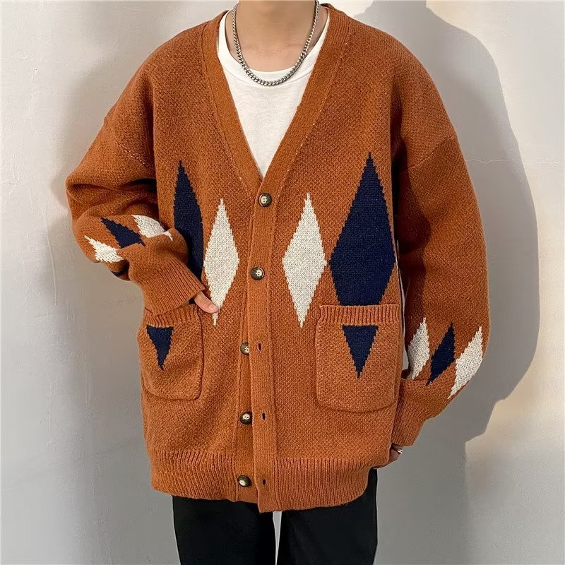 时尚日系复古秋款菱形图案毛衣男潮牌宽松百搭时尚针织衫开衫外套