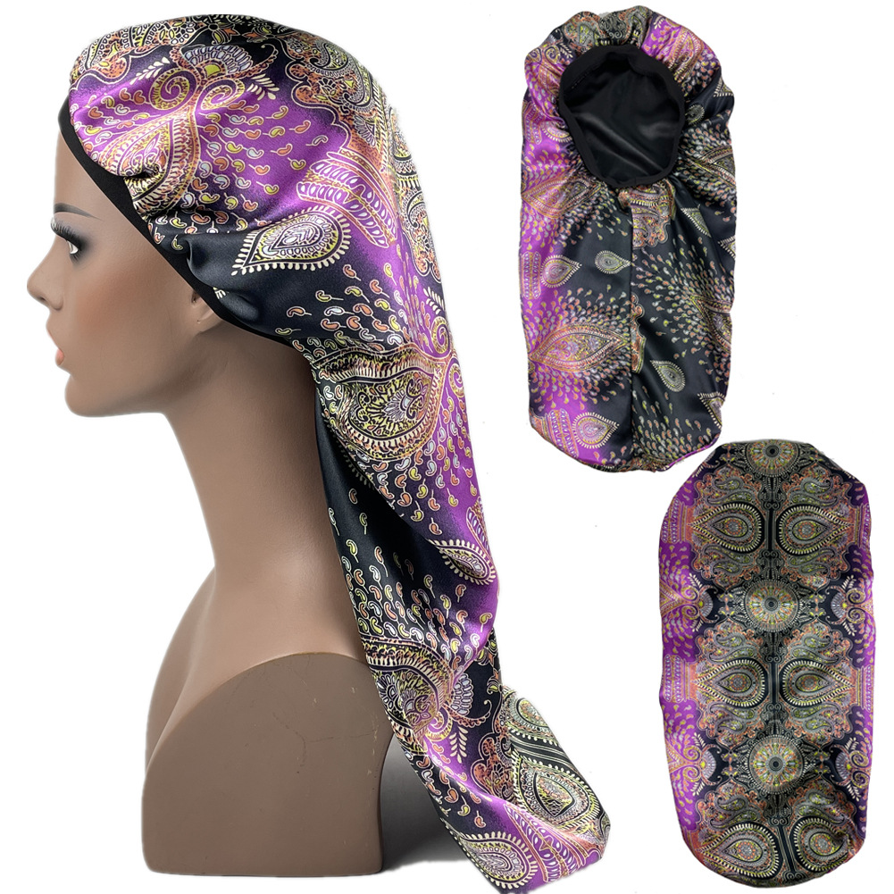 亚马逊热卖货源双层色丁腰果花长筒睡帽 护发烫发帽 美容美发帽子