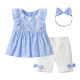 Girls summer suit Korean version blue print flying sleeve top lady small flower baby shorts go out two-piece set Girls summer suit Korean version blue print flying sleeve top lady small flower baby shorts go out two-piece set