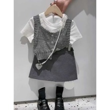 女童套装针织马甲短袖T恤短裙三件套T2024夏季中大童时髦洋气女孩