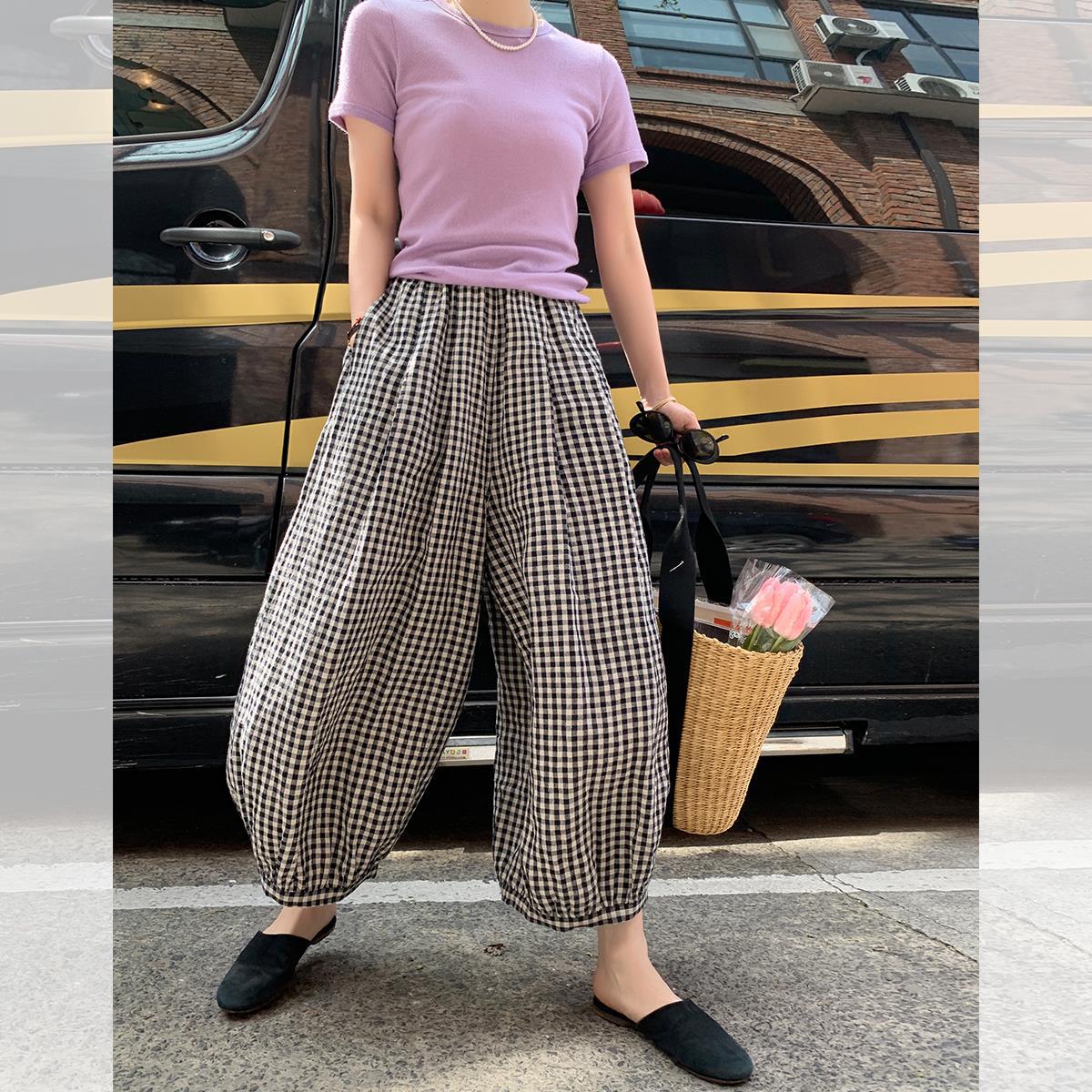 莉贝琳裤子 日杂风纯色亚麻灯笼裤女夏季薄款宽松抽绳格纹休闲裤