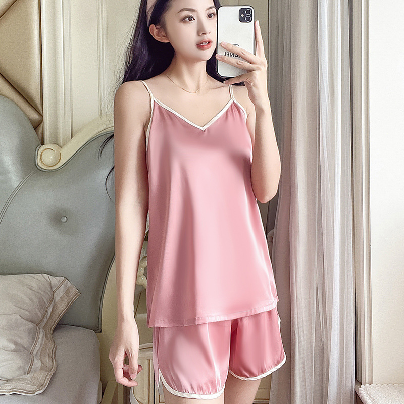 internet celebrity live broadcast sexy v-neck suspender shorts pajamas thin women‘s summer silk ice satin vest loose two-piece suit