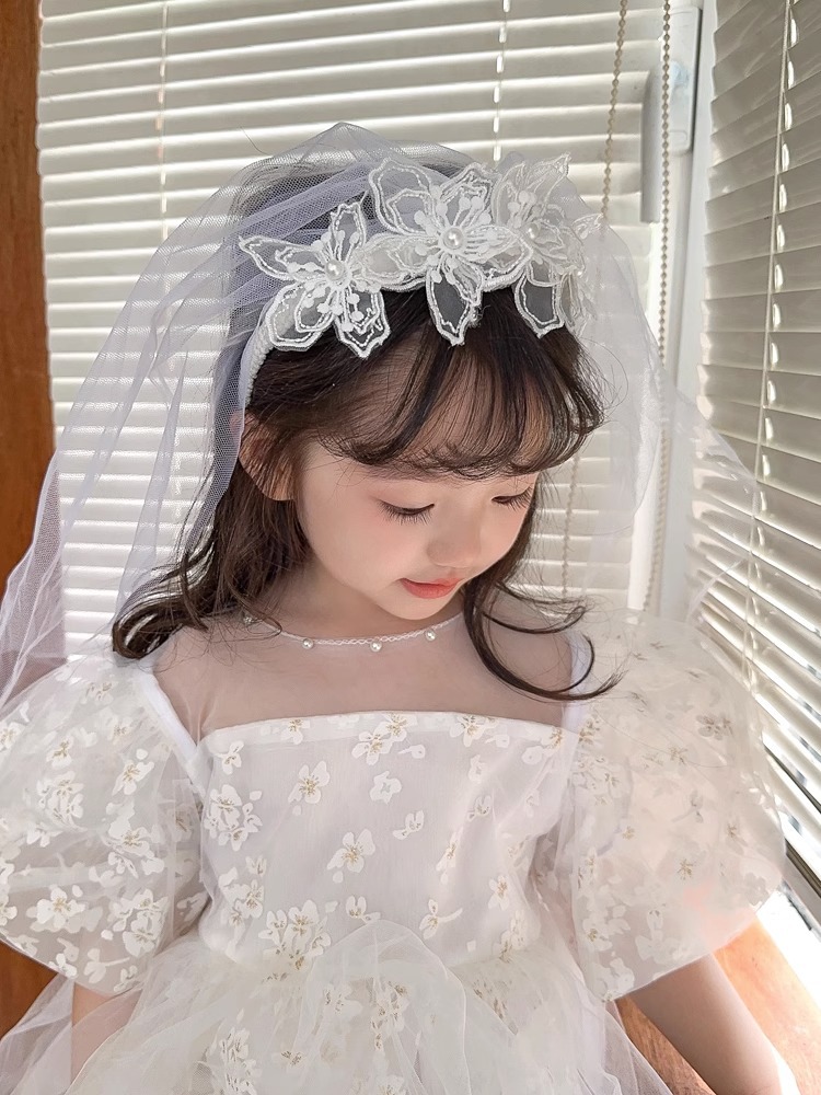 儿童白色蝴蝶头纱公主超仙夏季女童发饰宝宝花童头饰女孩花环发箍