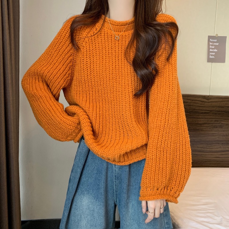 橘黄色慵懒风卷边粗毛线毛衣女秋冬内搭大衣设计感小众针织衫上衣
