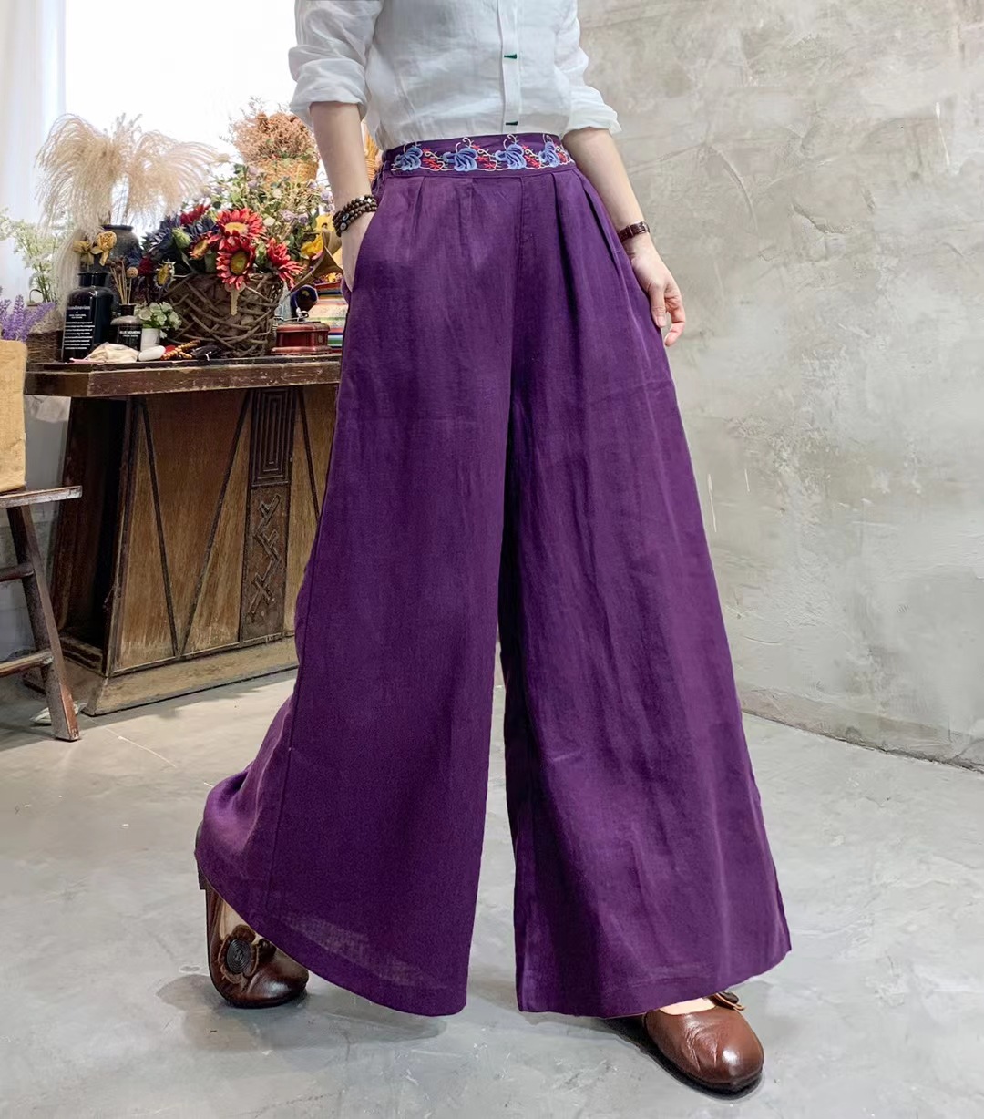 2022年春季 腰部刺绣 大裤脚纯色百搭亚麻阔腿裤女