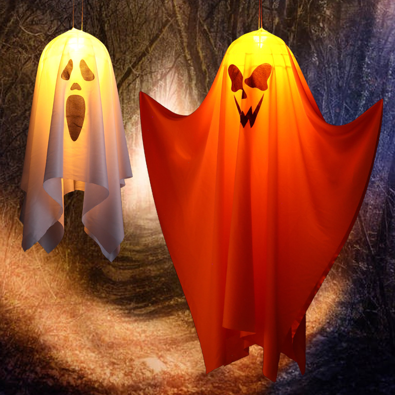 万圣节新款幽灵灯led彩灯布艺鬼头吊灯恐怖气氛装饰灯骷髅头布置