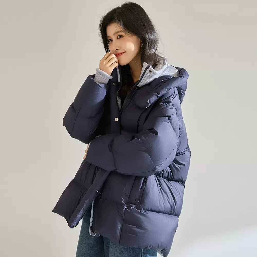 25冬季新款加厚撞色白鸭绒云朵羽绒服连帽拼接针织面包服29033