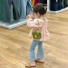 秋季新款韩版女童时髦洋气套装儿童泡泡袖碎花衬衫牛仔喇叭裤子潮