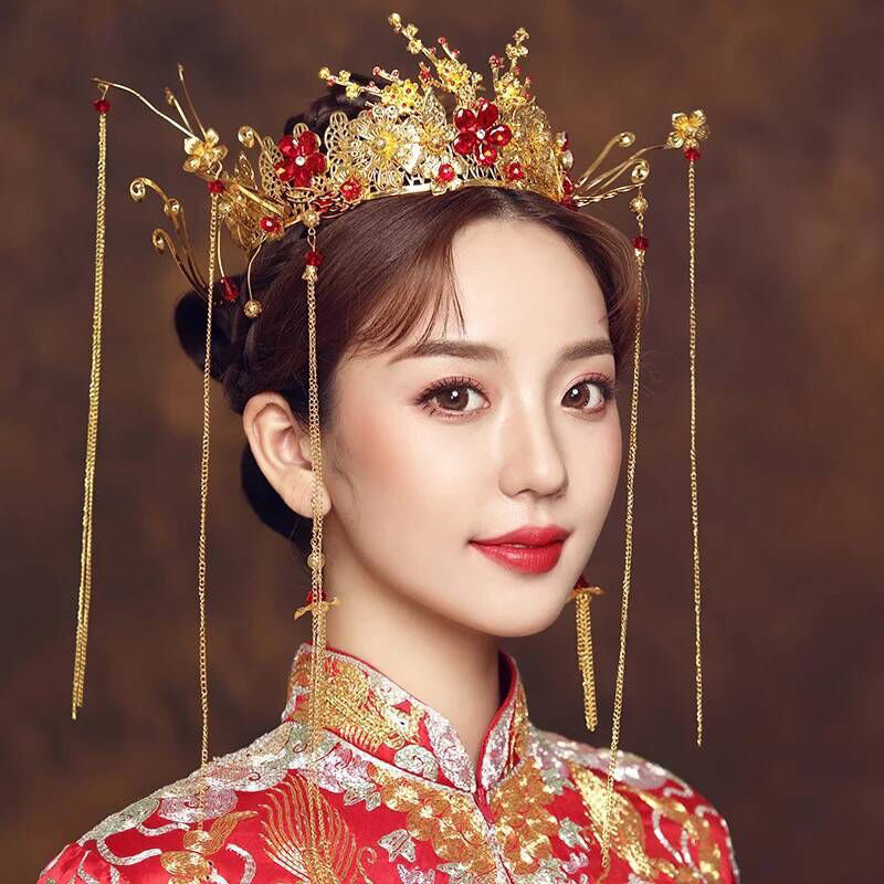 一件代发新娘秀禾头饰发饰秀禾服凤冠红色结婚流苏步摇中式大气奢