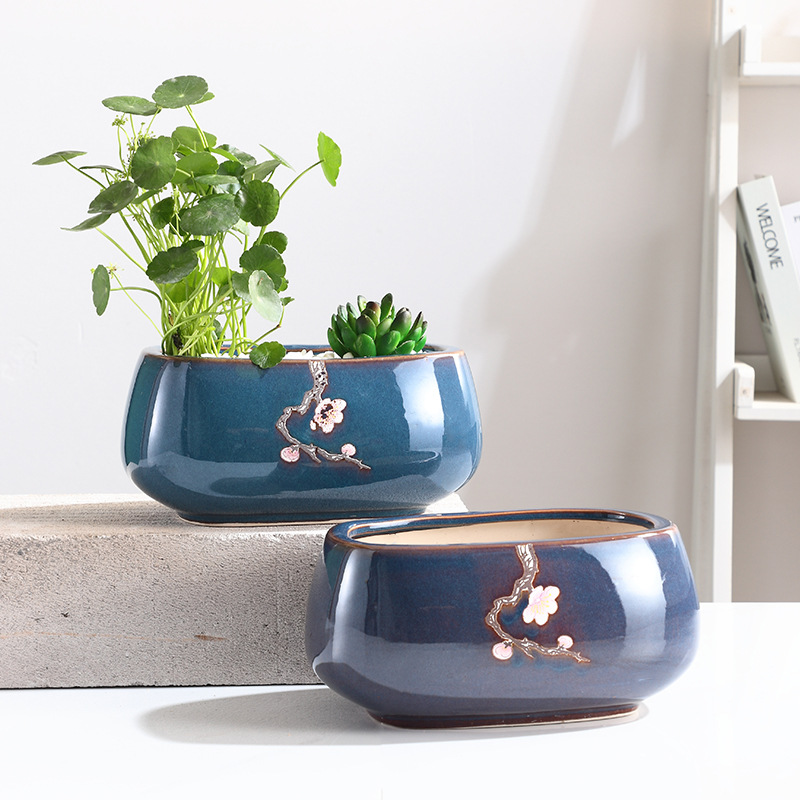 中国风陶瓷花盆家庭园艺阳台家居盆栽花盆大号椭圆形多肉花盆景盆