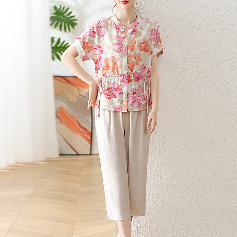 Mom's Summer Cotton and Linen Shirt Western Style 2024 New Middle-Aged and Elderly Women Summer Short-Sleeved Top Fashion Two-Piece Suit