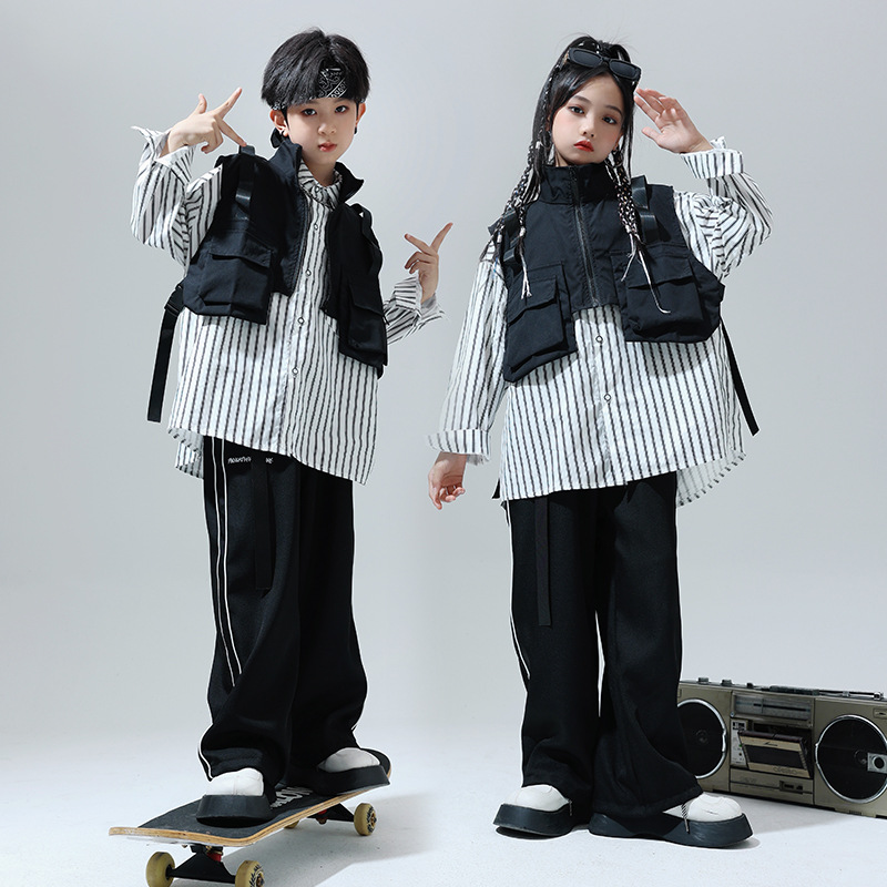 街舞儿童潮服男女童嘻哈衬衫马甲三件套少儿hiphop酷帅爵士表演服