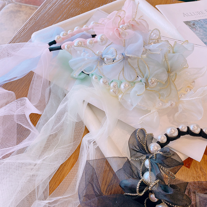 hd4368a07 洛丽塔少女日系夏季甜美网纱蝴蝶结飘带珍珠束发箍头箍