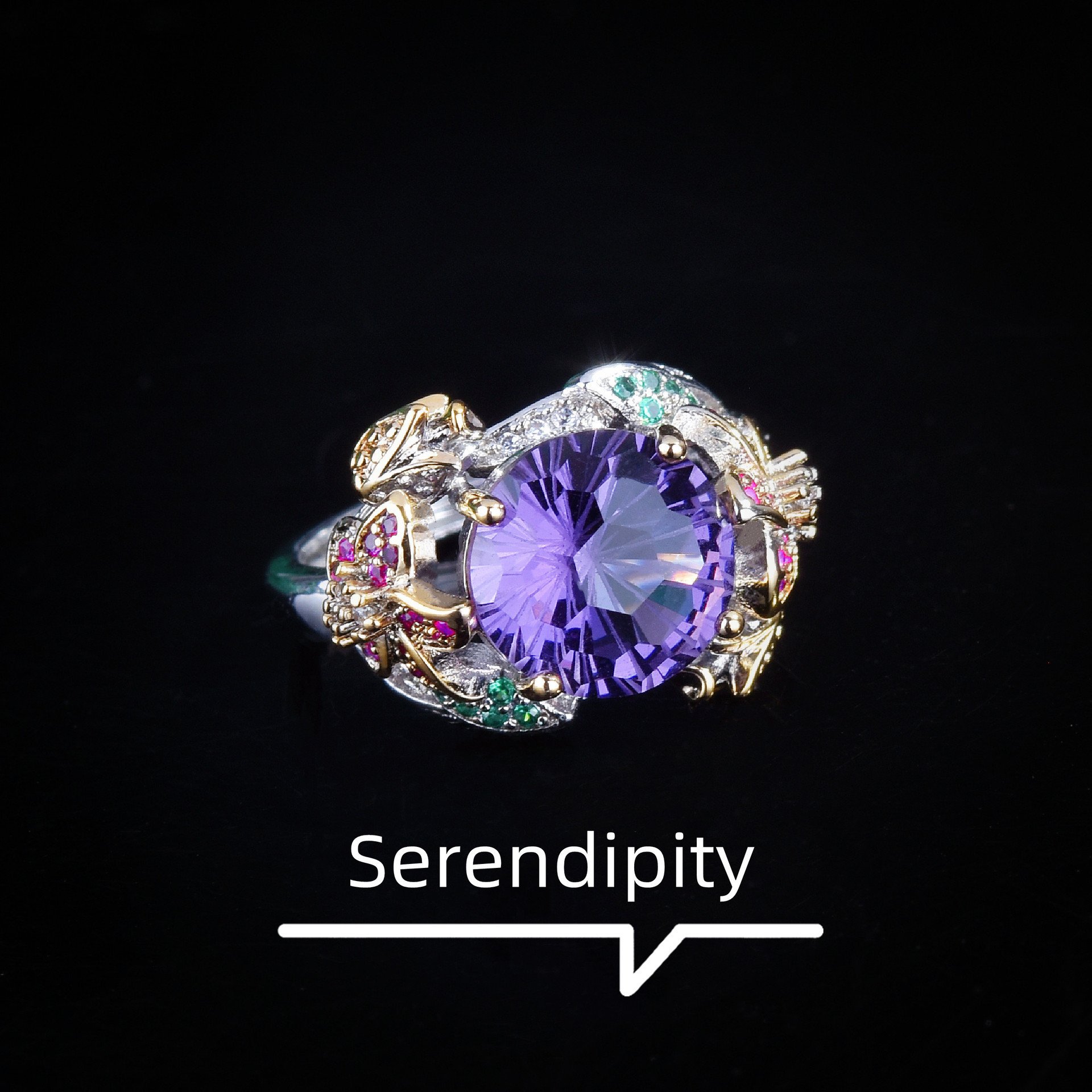 多彩花朵开口彩宝戒指女意大利双色金工艺手工镶嵌烟花切紫钻戒指