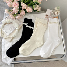 23秋季新品袜子韩版双针山茶花珍珠饰品女中筒袜洛丽塔甜美堆堆袜