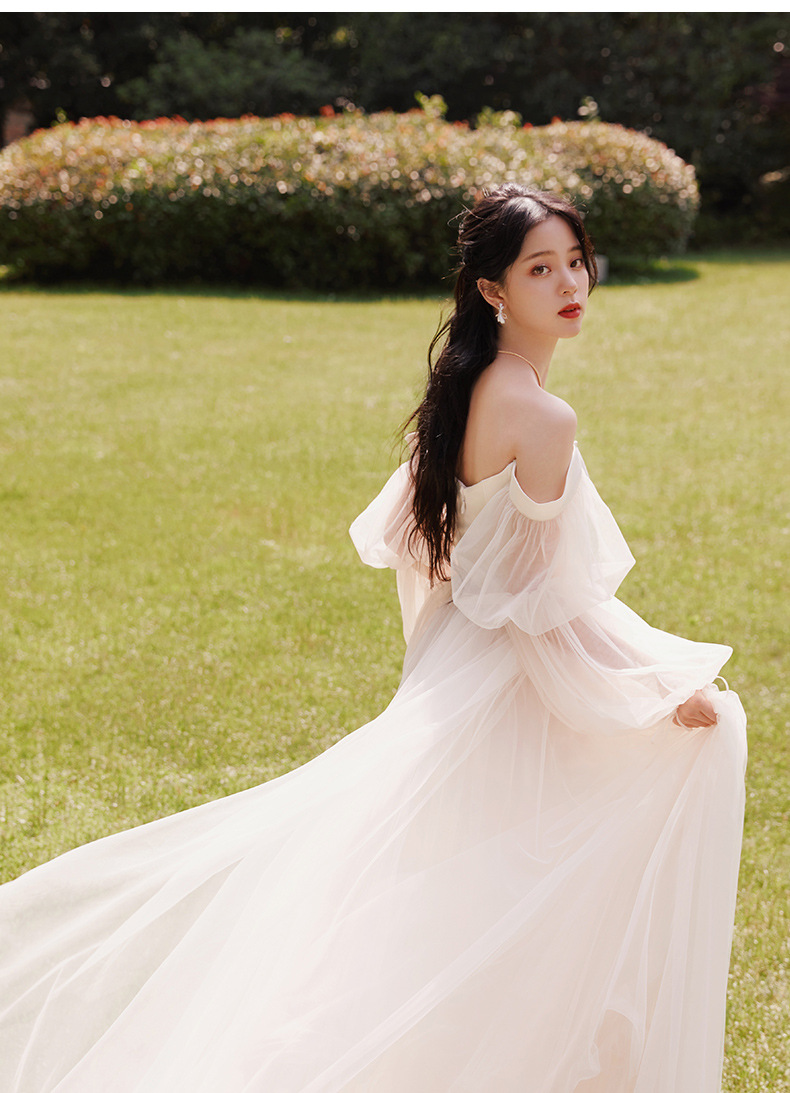 欧阳娜娜明星同款晚礼服2022新款生日宴会主持人礼服裙一字肩婚纱