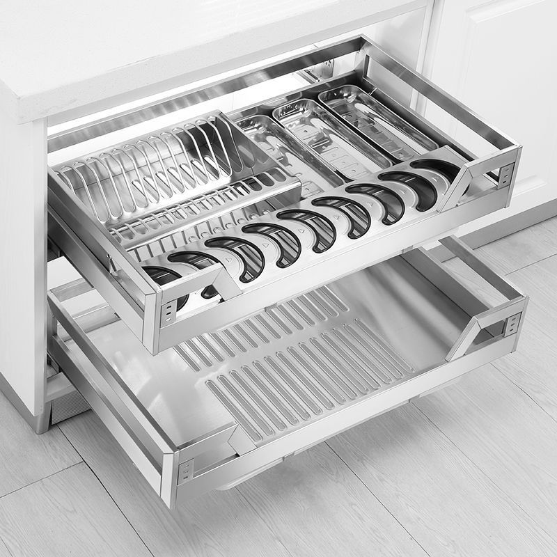 碗筷沥水架水槽加粗厨房304不锈钢拉篮调味篮抽屉式阻尼导轨碗架