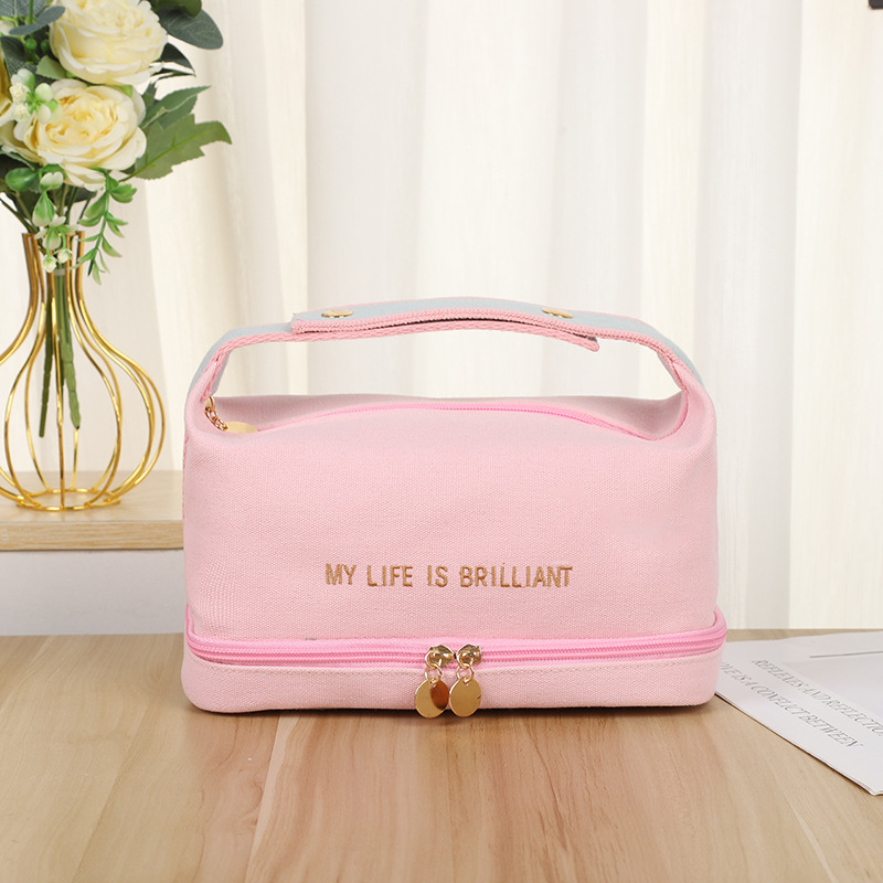 Double-Layer Canvas Cosmetic Bag New Ins Style Handbag Simple Travel Storage Bag Portable Wash Bag in Stock