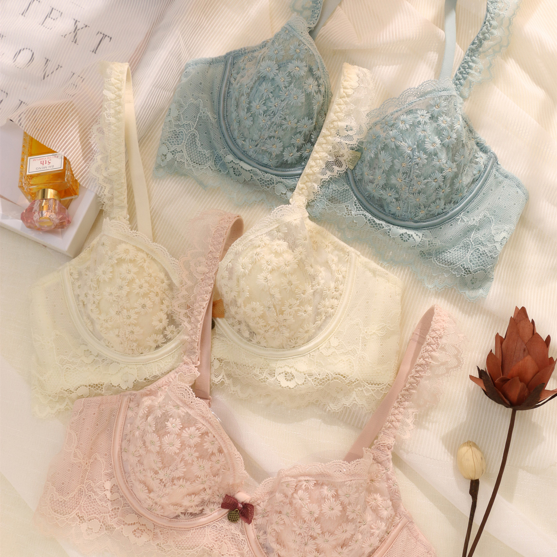 新款软钢圈蕾丝水晶杯文胸套装小雏菊刺绣 聚拢舒适胸罩乳胶内衣