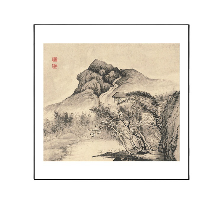 新中式茶室装饰画书房水墨山水国画正方形中国风办公室背景墙挂画