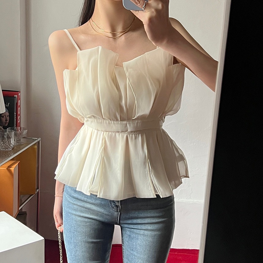 露肩抹胸雪纺吊带背心女夏外穿纯欲超仙甜美性感收腰辣妹拼接上衣