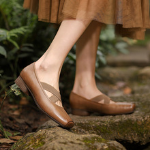 质感很赞~小牛皮玛丽珍鞋女圆头浅口单鞋复古棕色芭蕾舞方跟鞋