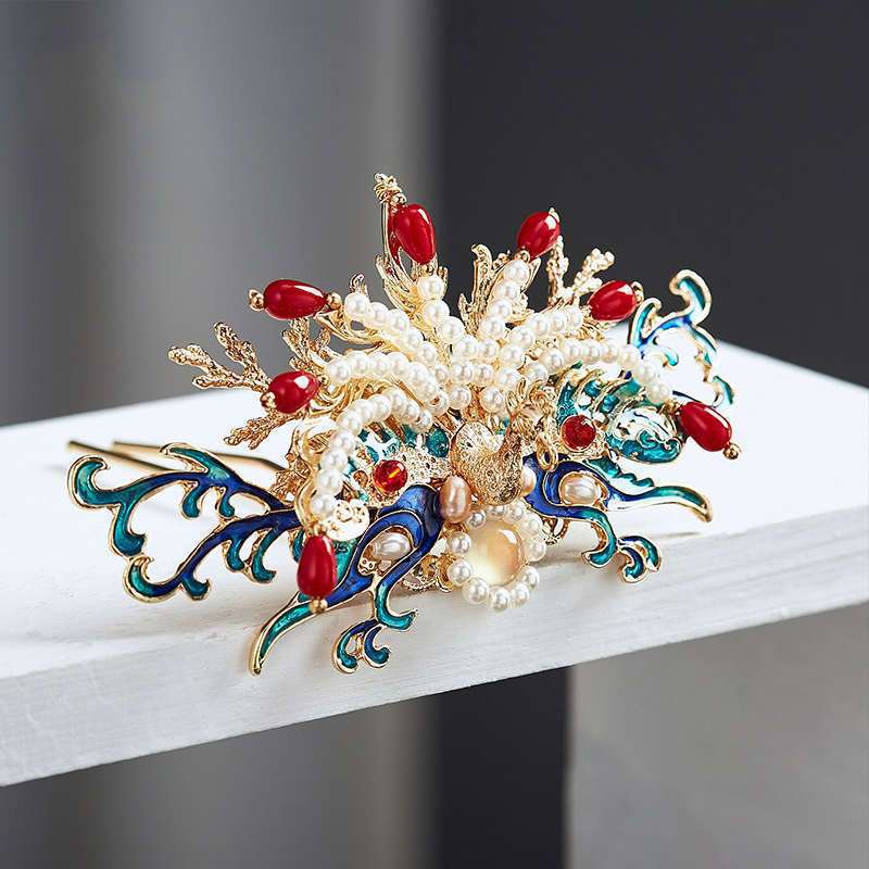 烧蓝头饰套装景泰蓝步摇发簪明制发冠女汉服发饰古风发钗全套配饰