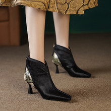 中式复古马毛高跟短靴女秋冬新款方头细跟6cm蛇纹及踝靴低筒靴子