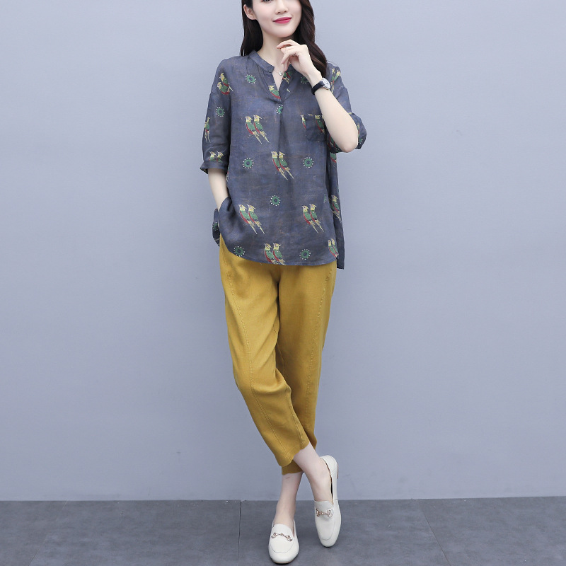 扎染印花苎麻衬衫女中袖亚麻防晒麻料薄款女士上衣套装棉麻套装2021年