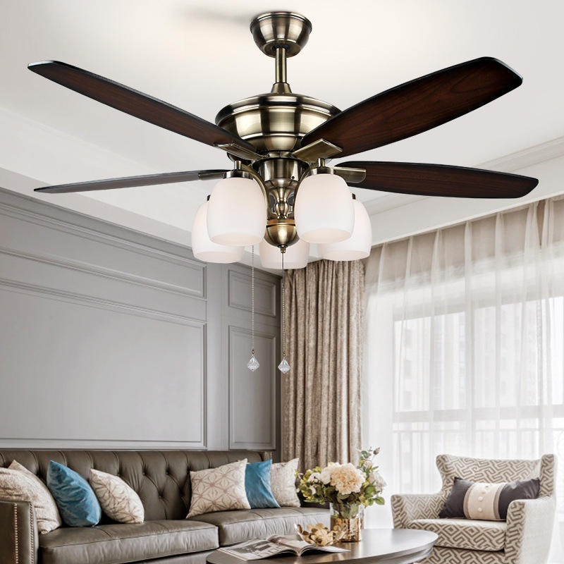 立信佳美式吊扇灯简约创意家用餐厅灯客厅灯卧室木叶电风扇灯