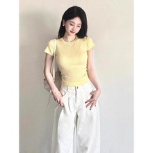 韩系多巴胺黄色针织短袖T恤女夏季新款收腰短款bm温柔甜美风上衣